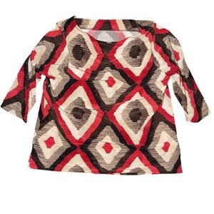 Lauren Ralph Lauren 2X Red Brown Geometric Diamond Square Neck 3/4 Sleeve Top